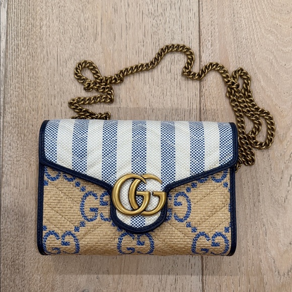 Gucci Handbags - Gucci Striped Blue and Tan Clutch with Gold Chain